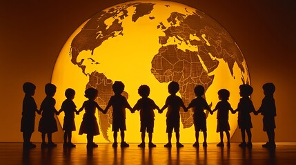 Silhouetted children holding hands in front of a glowing globe, symbolizing unity and diversity.