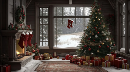 Cozy Christmas Eve by the Fireplace: Festive Decor, Sparkling Lights, and Winter Wonderland View