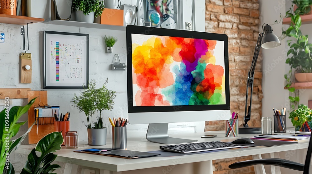 Poster a vibrant workspace featuring a colorful computer display and organized desk items.