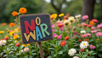 Colorful "No War" sign in vibrant flower garden