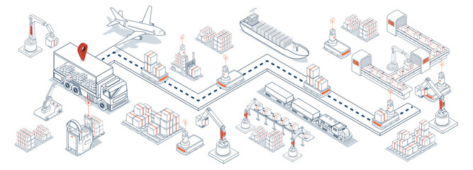 An integrated global logistics network combining air, road, and maritime transport with automated warehousing, robotic systems, and intelligent inventory management. Vector illustration EPS 10