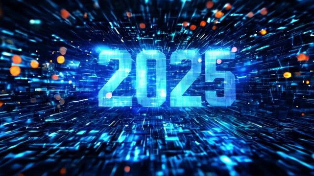 2025 number on digital cyberspace background. New Year and Christmas greeting card with abstract technological texture