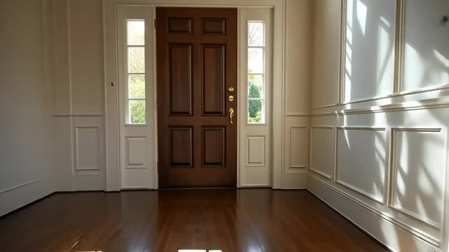 Elegant hallway with wooden flooring and bright sunlight streaming through the front door in a residential home