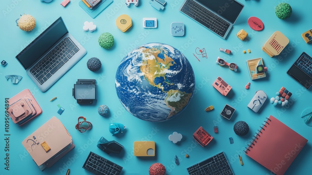 Poster global connectivity concept with earth surrounded by tech devices and everyday objects on blue backg