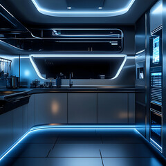 Obraz premium Futuristic kitchen design modern home interior photography sleek environment wide angle minimalistic aesthetics