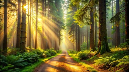 Sunlit Path Through a Misty Forest of Tall Trees with Lush Green Undergrowth