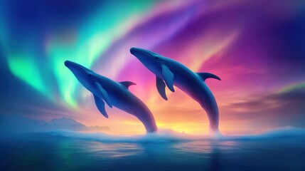 Majestic whales leaping through vibrant aurora skies over calm Arctic waters at sunrise