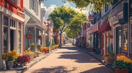 Sunny street with shops and flowers.