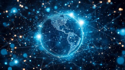 Obraz premium Global network connection, digital world, illuminated earth.