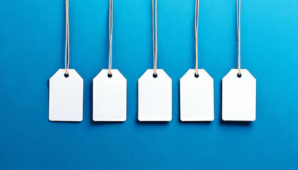 Five blank price tags hang from strings against a vibrant blue background.