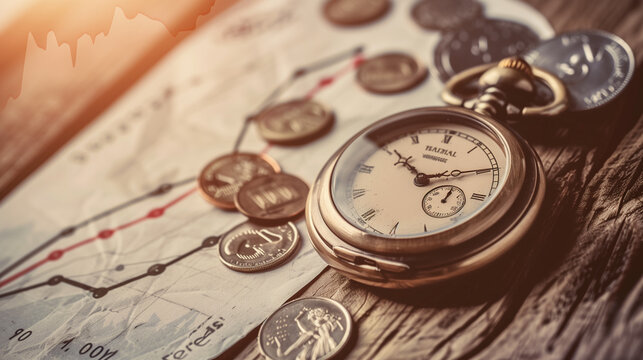 Vintage pocket watch on weathered wooden table with old coins and crumpled paper showing rising graph, symbolizing cost inflation and historical value