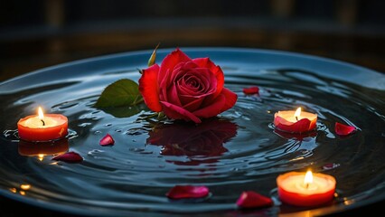 A serene arrangement of a rose and candles floating on water, creating a calming ambiance.