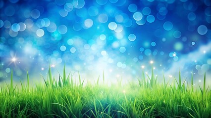 Obraz premium Enchanted Meadow A Serene Landscape of Lush Green Grass Under a Magical, Bokeh-Filled Sky