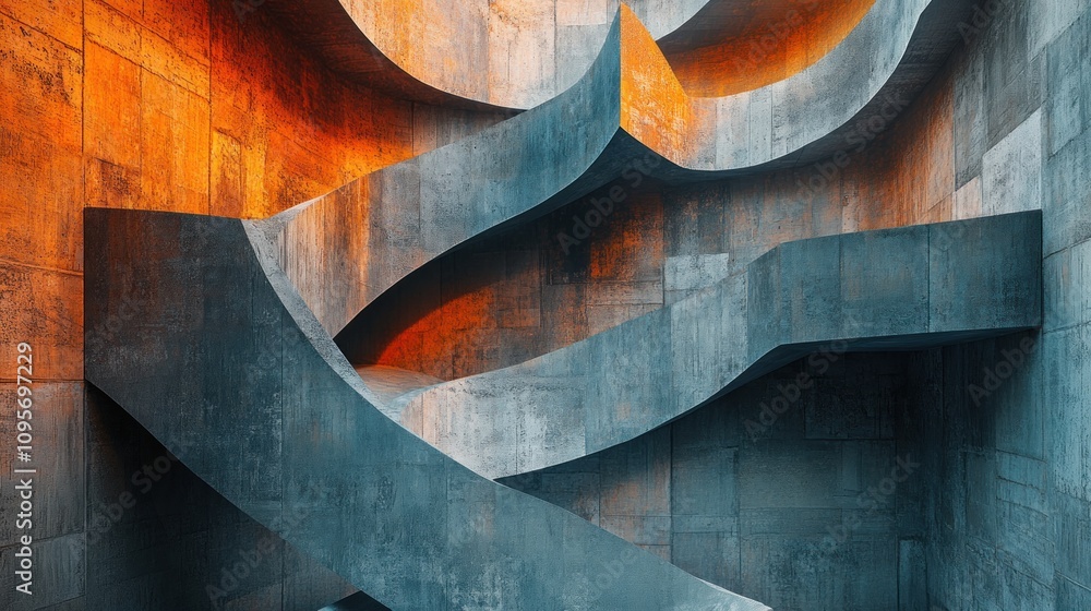 Poster abstract architectural design featuring curved concrete structures and warm lighting effects.