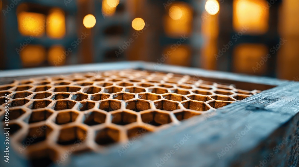 Poster close-up of a hexagonal wooden structure with warm ambient lighting, showcasing unique textures and 
