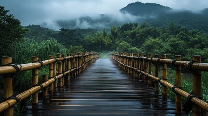 Naklejka premium Misty bamboo bridge.