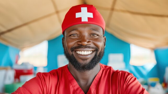 Portrait of a dedicated healthcare worker in a brightly lit medical tent in a rural area, tools and supplies in the background