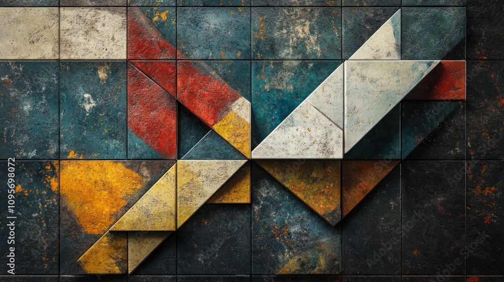 Poster abstract geometric composition with textured colors and shapes on a wall.