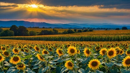 A vibrant sunflower field under a sunset, showcasing nature's beauty and tranquility.