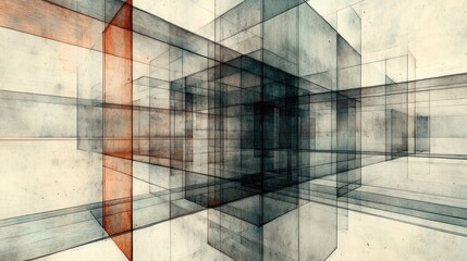 Abstract geometric composition with transparent cubes and lines creating depth and perspective.