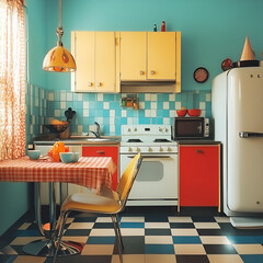 Charming retro kitchen design cozy home interior photography inviting space bright colors nostalgic aesthetics