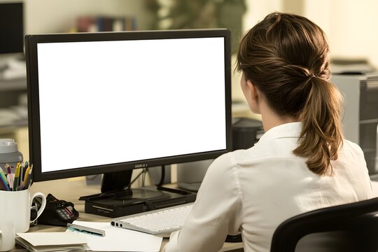 A blank white computer screen with a black frame on an office desk. A woman is looking at the monitor, with coffee mugs and work papers around it. Mockup style