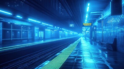 Fototapeta premium A dimly lit subway station with blue neon lights reflecting on wet tiles.