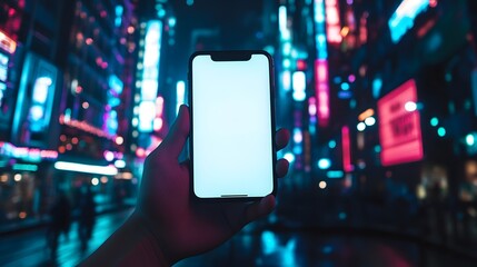 A hand holding a smartphone with a white screen, a cityscape background, neon lights, night time, a cyberpunk theme. Mock up style
