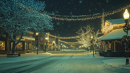 snowy christmas street scene with festive lights and buildings at night