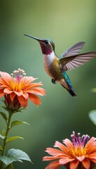 A beautiful hummingbird hovering near a flower.