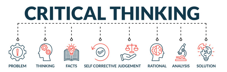 Banner of critical thinking web vector illustration concept with icons of problem, thinking, facts, self corrective, judgement, rational, analysis, solution