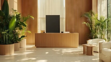 Modern Minimalist Reception Area with Wooden Accents and Plants