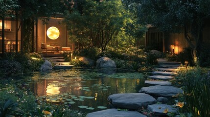 Fototapeta premium A serene garden with a pond, illuminated by soft lights and surrounded by lush greenery.