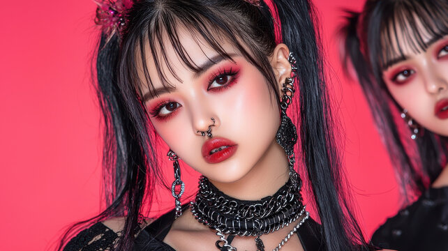 Edgy triple conch piercing with bold makeup and vibrant pink background. model showcases striking look with dark accessories and dramatic eye makeup, exuding confidence and style