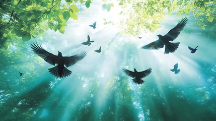 A serene forest scene with birds flying through sunlit rays amidst lush greenery.