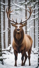 A majestic elk standing in a snowy forest