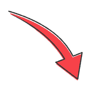 recommend clip art: 右肩下がりにカーブしている赤い矢印の手書きイラスト - シンプルな下落やダウンのイメージ素材