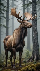 Fototapeta premium A majestic moose standing in a misty forest