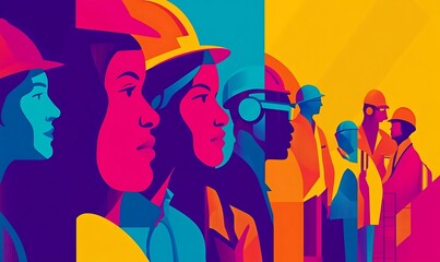 A vibrant illustration of diverse workers in safety gear, symbolizing unity and industry.