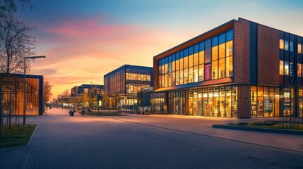 Obraz premium Modern shopping mall at sunset.