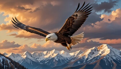 Obraz premium A powerful eagle soaring high above the mountains