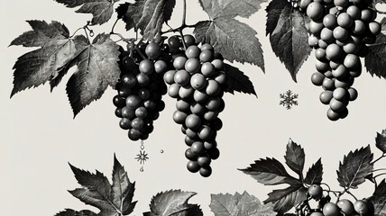 Obraz premium Black and white illustration of grape clusters surrounded by leaves in a natural setting