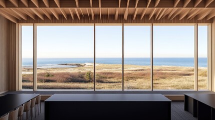 Fototapeta premium Modern Coastal Interior with Panoramic Ocean View and Natural Light