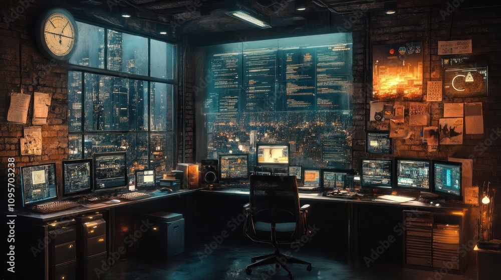 Poster a high-tech workspace with multiple monitors and a city view at night.