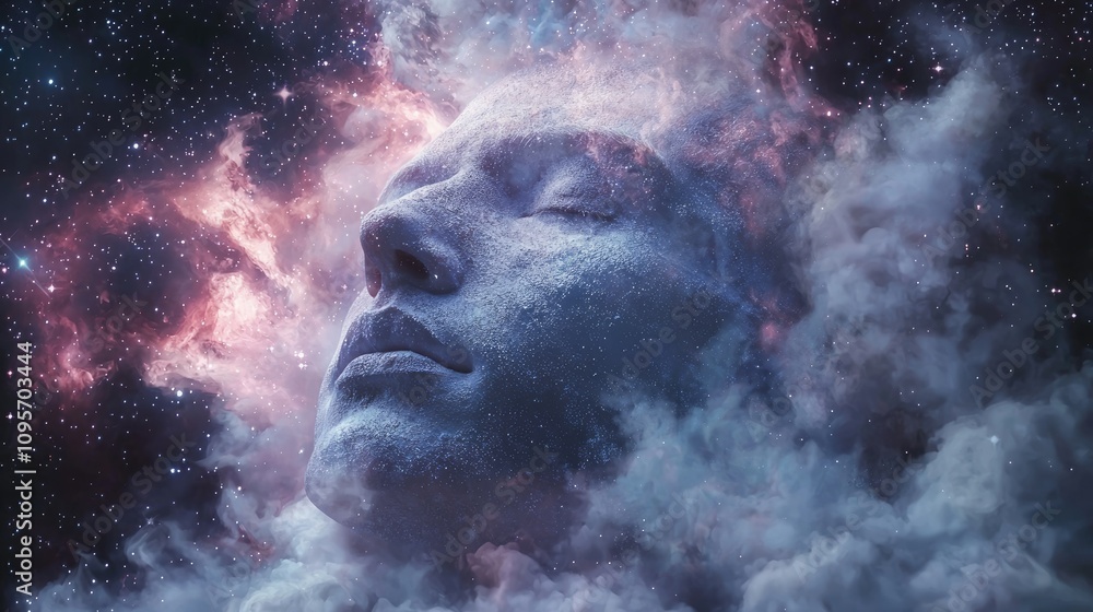 Canvas Prints man's face surrounded by fog against the backdrop of the universe. in esoteric style