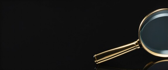 Elegant gold magnifying glass on black background symbolizes exploration, investigation, and clarity in analysis.