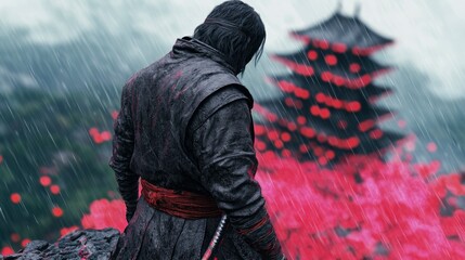 Lone Samurai in Rain-Soaked Kyoto A Moment of Contemplation
