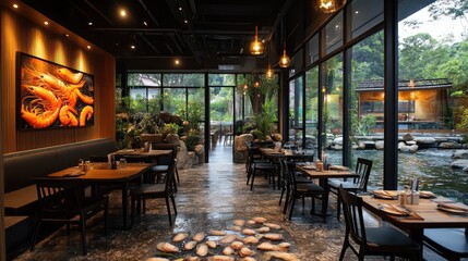 Fototapeta premium A serene restaurant interior featuring natural decor and a view of a tranquil outdoor space.