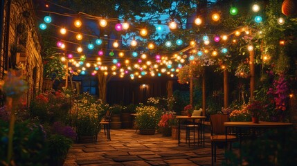 Obraz premium A cozy outdoor space illuminated by colorful lights, filled with flowers and tables for relaxation.