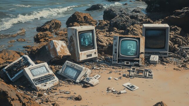 Old computers scattered on a beach, highlighting e-waste and environmental issues.